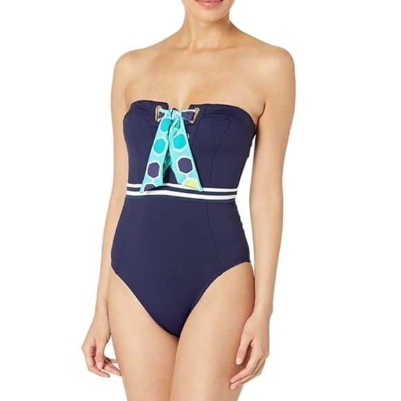 Trina Turk Bandeau One Piece Swimsuit Midnight with Retro Lacing Detail 6 - Picture 3 of 4